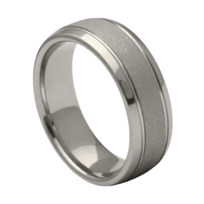 A domed white gold mans tungsten ring with polished edges and a sandblasted centre, ideal as a mens wedding band or engagement ring