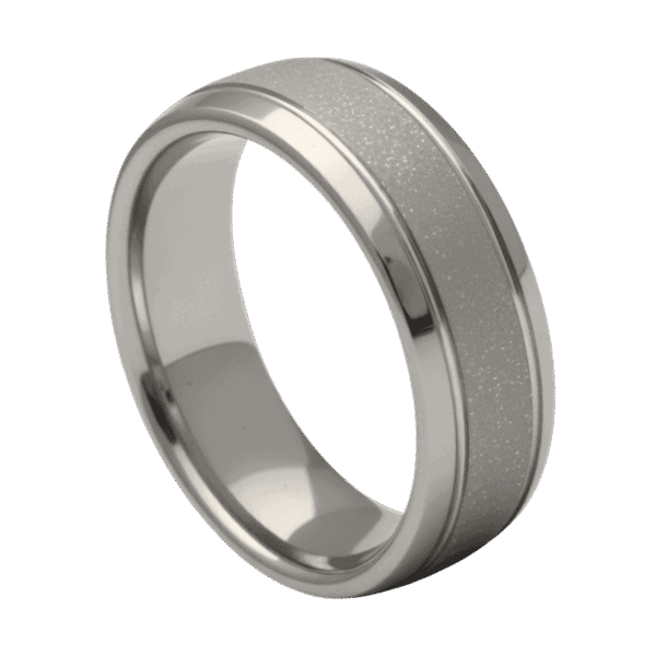 A domed white gold mans tungsten ring with polished edges and a sandblasted centre, ideal as a mens wedding band or engagement ring