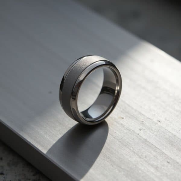 Polished white gold mans tungsten ring with sandblasted centre, elegant and versatile as wedding or engagement band.