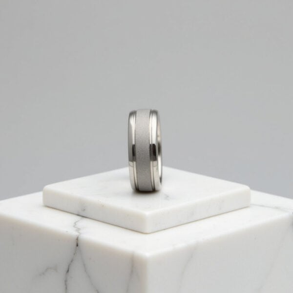 White Gold mans tungsten ring with sandblasted centre, perfect as a wedding band, promise ring, or fashion statement ring.