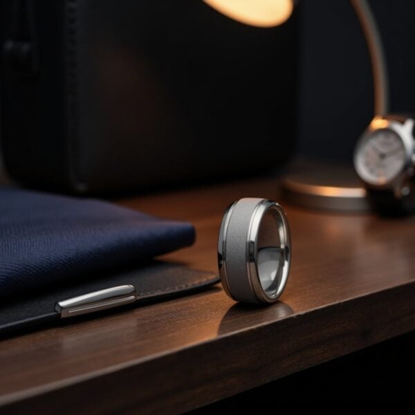 Tungsten white gold mens ring with sandblasted centre and polished finish, designed as a male wedding band or promise ring.