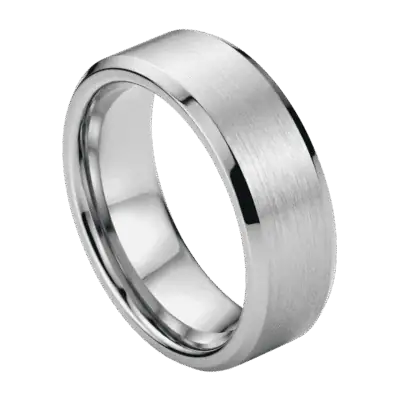 Close-up of the Crest white gold tungsten ring standing upright, showcasing the brushed centre, polished bevelled edges, and warm white gold finish.