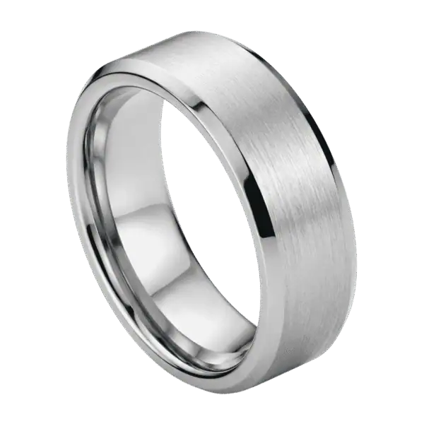 Close-up of the Crest white gold tungsten ring standing upright, showcasing the brushed centre, polished bevelled edges, and warm white gold finish.