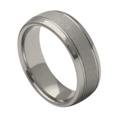 Close-up of the Vantage white gold tungsten ring with a sandblasted centre, polished edges, domed profile, and white gold PVD coating.