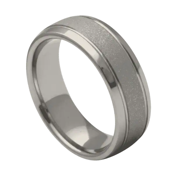 Close-up of the Vantage white gold tungsten ring with a sandblasted centre, polished edges, domed profile, and white gold PVD coating.