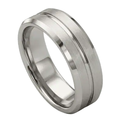 Close-up of the Zenith white gold tungsten ring standing upright, showcasing the polished centre groove, raised brushed sections, and polished bevelled edges.