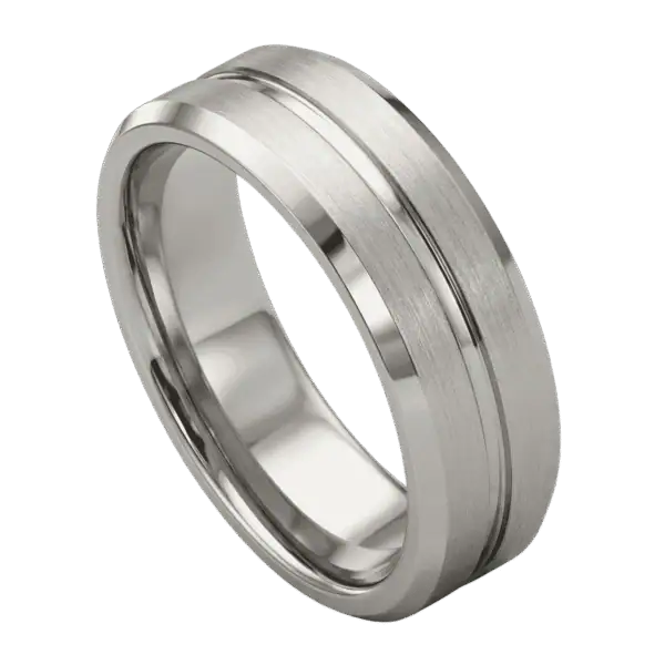 Close-up of the Zenith white gold tungsten ring standing upright, showcasing the polished centre groove, raised brushed sections, and polished bevelled edges.