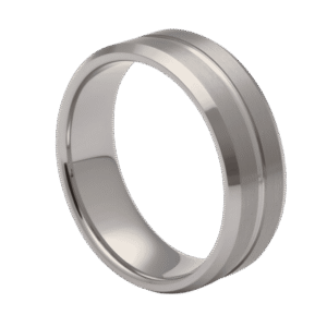 White gold tungsten ring for men with polished groove and brushed detail, elegant mens wedding band with custom engraving.
