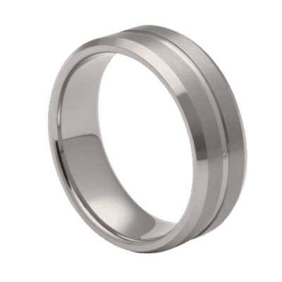 White gold tungsten ring for men with polished groove and brushed detail, elegant mens wedding band with custom engraving.