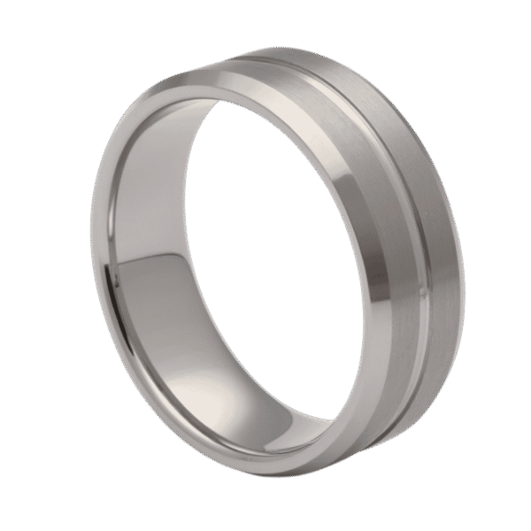 White gold tungsten ring for men with polished groove and brushed detail, elegant mens wedding band with custom engraving.