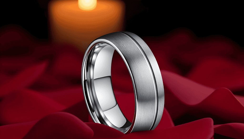 Aspen men’s tungsten ring with a silver brushed finish, shown with personalised engraving.