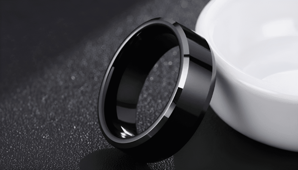 Determination men’s black tungsten ring with silver bevelled edges, styled as a wedding, eternity, or promise band with personalised engraving.