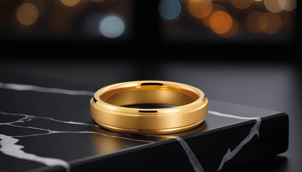 Eloquent men’s slim 4mm gold tungsten ring with a polished finish, available with custom engraving.