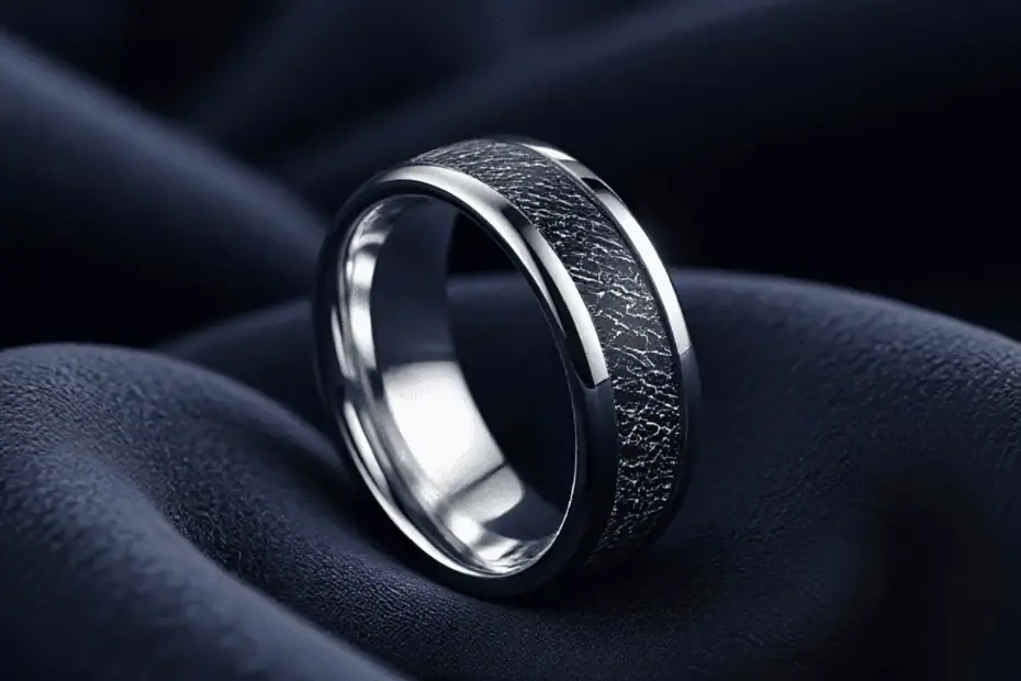 1. Elegant black and silver wedding band with textured centre on dark leather background, showcasing high-quality craftsmanship and stylish design.