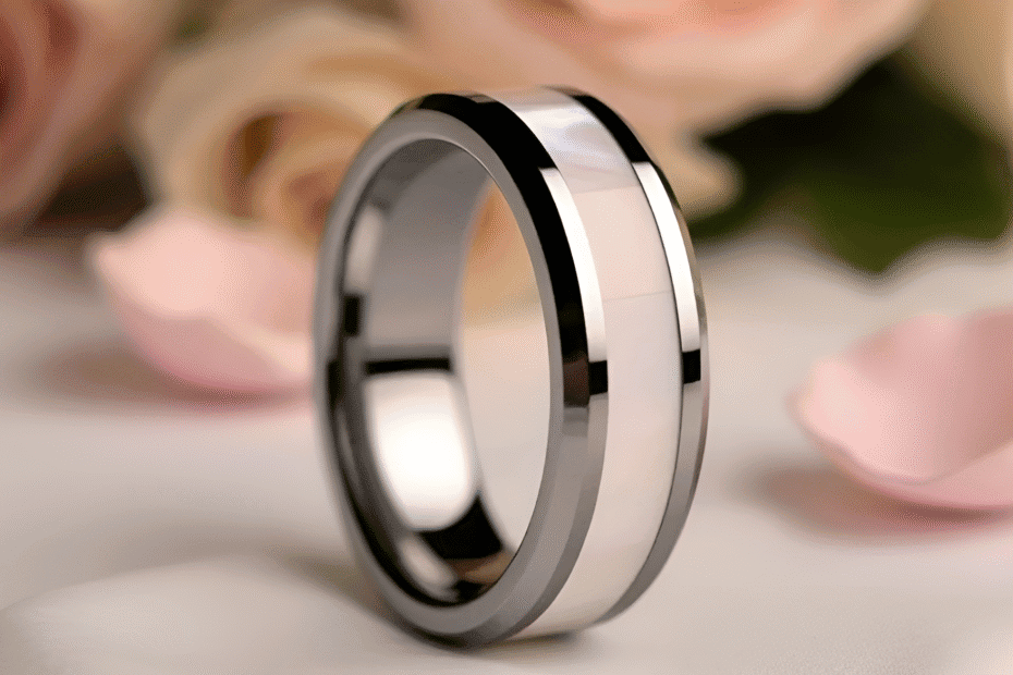 Shiny silver wedding bands on a white surface surrounded by pink flower petals and green leaves, ideal for engagement or wedding rings, perfect for couples celebrating love and commitment.