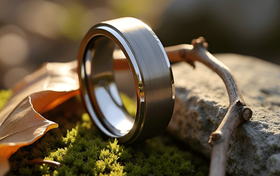 Shiny stainless steel wedding ring resting on moss with a fallen autumn leaf and small branch in natural outdoor lighting. Perfect for wedding bands or engagement rings.