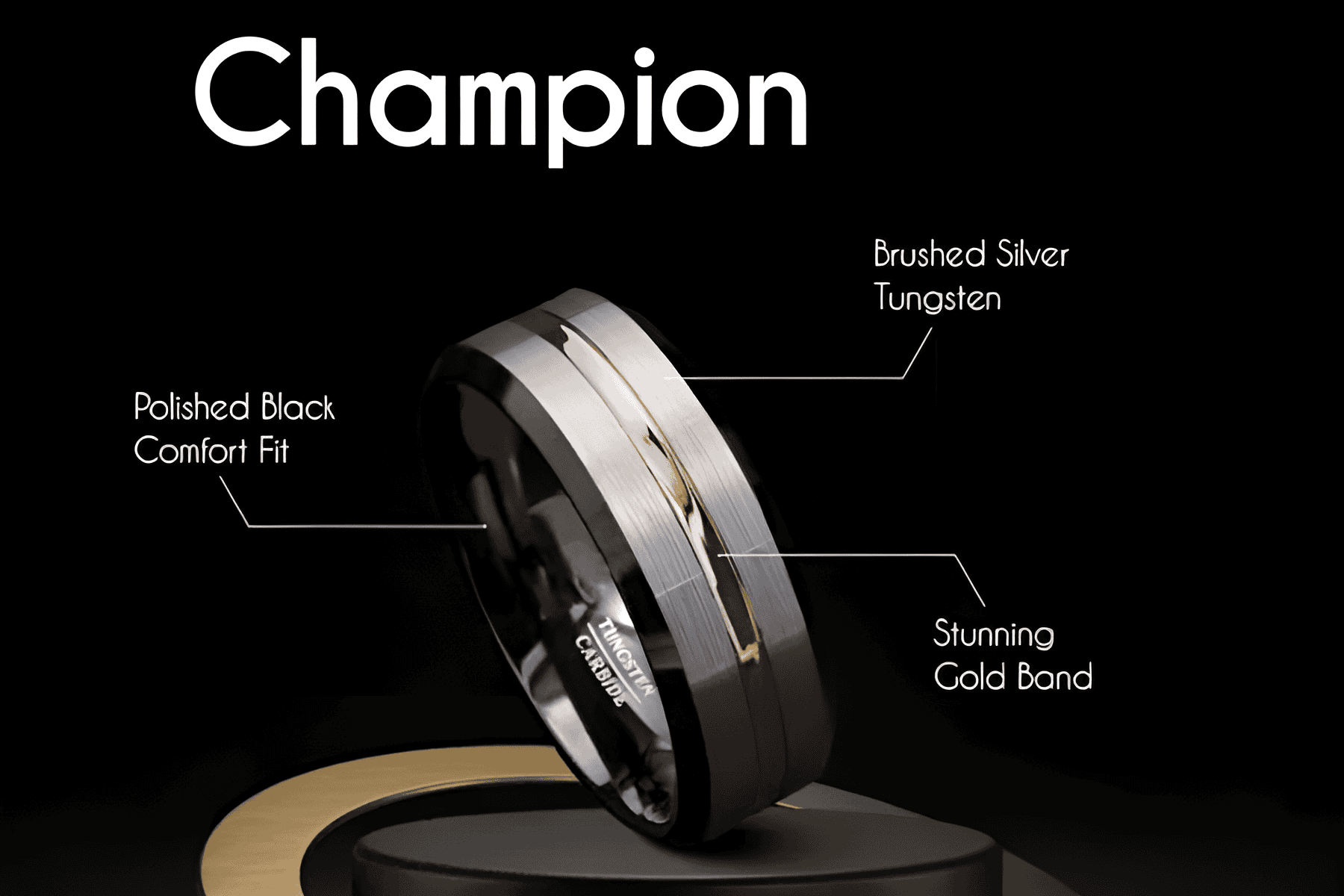 Polished black comfort fit tungsten wedding band with brushed silver gold accents, showcasing modern craftsmanship and luxury design for engagement or wedding rings.