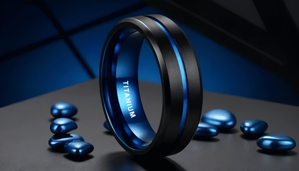 Unswerving men’s titanium ring in blue and black, shown with optional custom engraving.