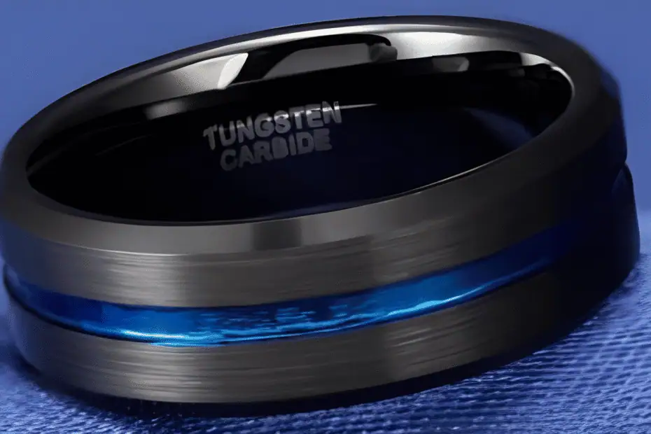 Visionary men’s tungsten ring in black with a vivid blue inlay.