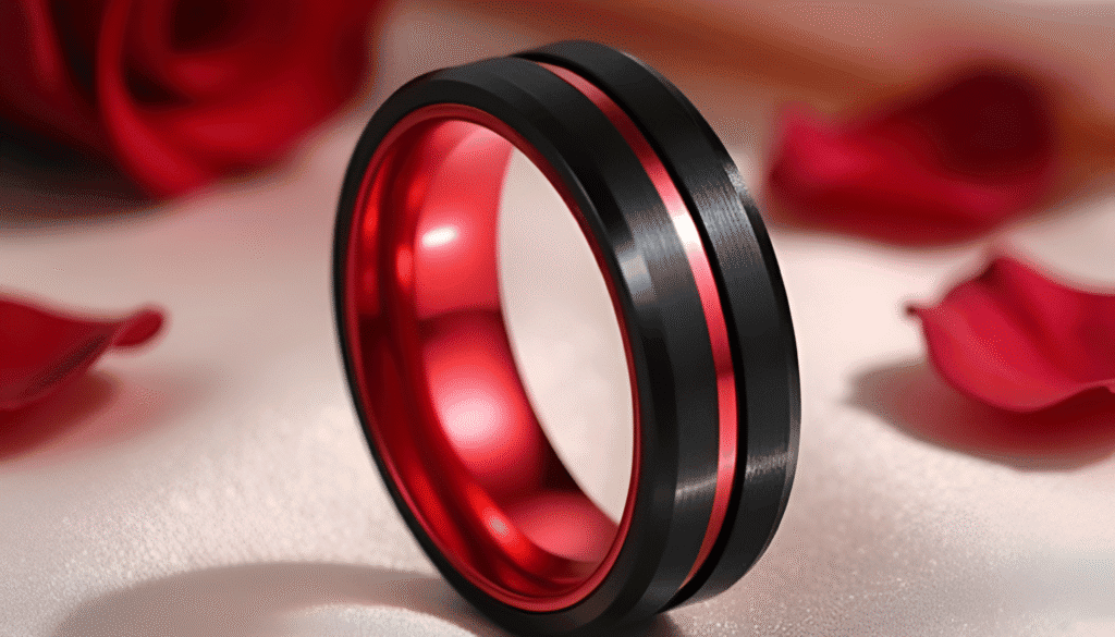 Enrapture men’s tungsten ring in a black and red two-tone design, styled as an engagement or eternity band.