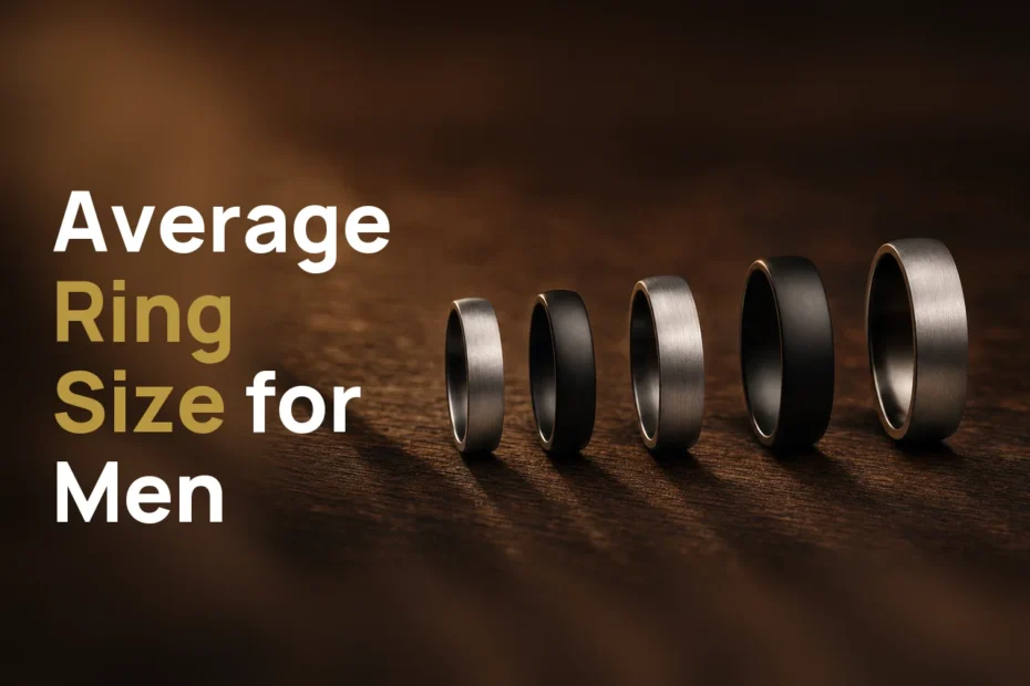 Five plain men's wedding bands in silver-coloured and black finishes, arranged from smallest to largest ring size on dark wood, with the title Average Ring Size for Men