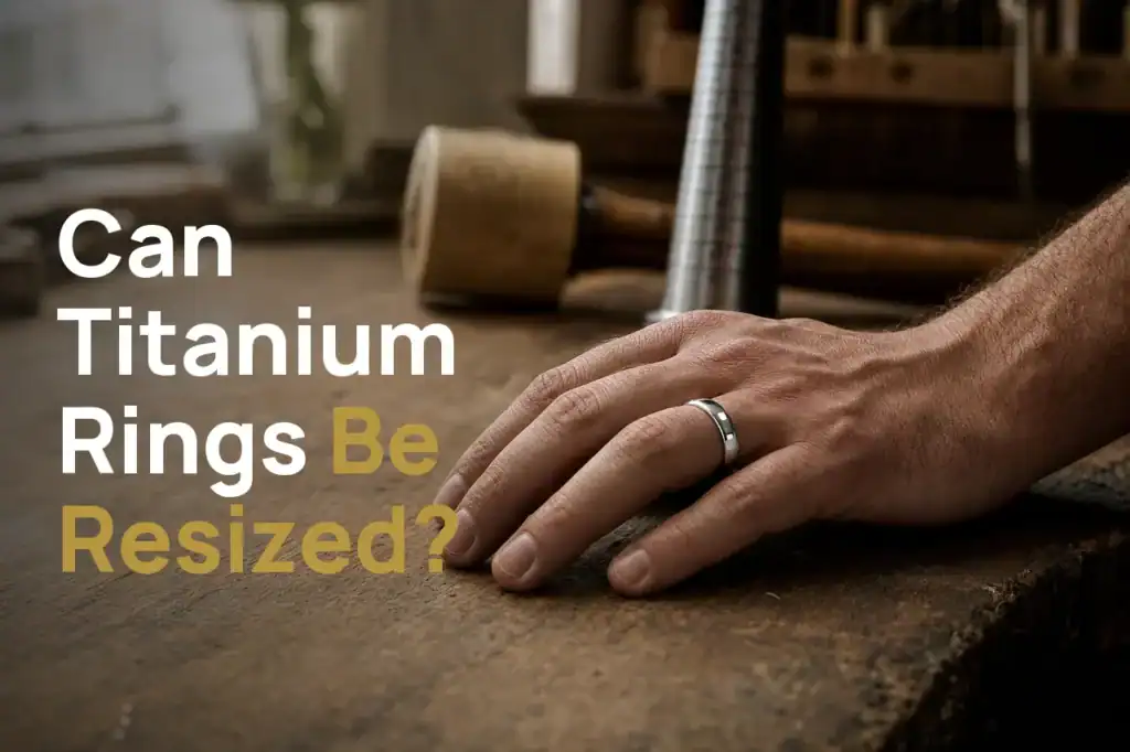 Polished silver titanium ring on a man's hand resting on a jeweller's workbench beside a ring mandrel and mallet, with the title Can Titanium Rings Be Resized