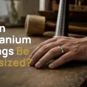 Polished silver titanium ring on a man's hand resting on a jeweller's workbench beside a ring mandrel and mallet, with the title Can Titanium Rings Be Resized