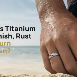 Polished silver titanium ring on a wet hand at the seaside, with the title Does Titanium Tarnish, Rust or Turn Green