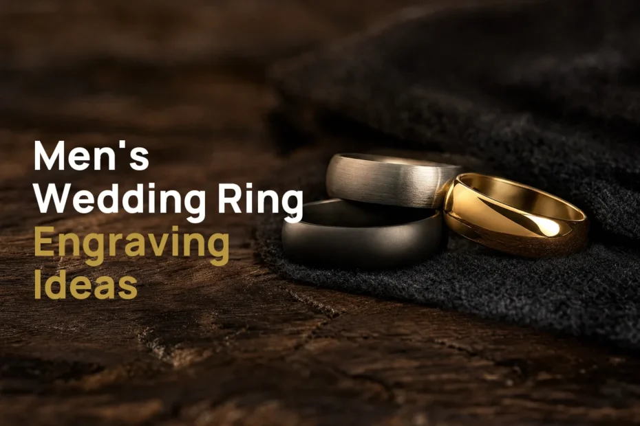 Three men's wedding bands in black, brushed silver-coloured and gold-coloured finishes on dark wood, with the title Men's Wedding Ring Engraving Ideas