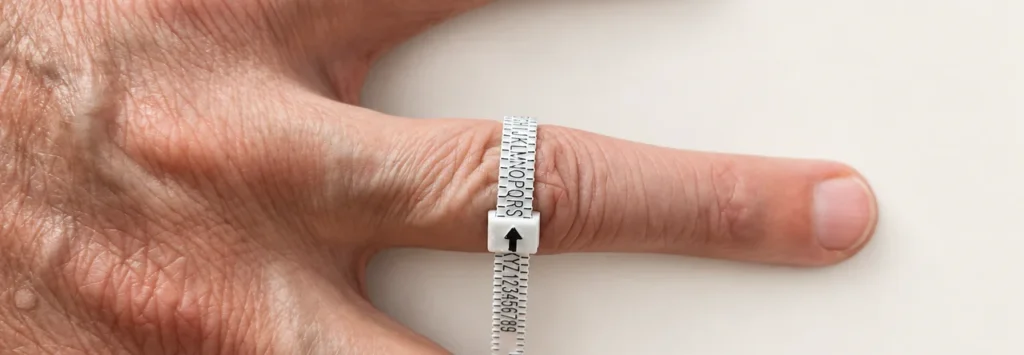 A white strip ring sizer fitted around a man's finger, with the arrow pointing to the size letters