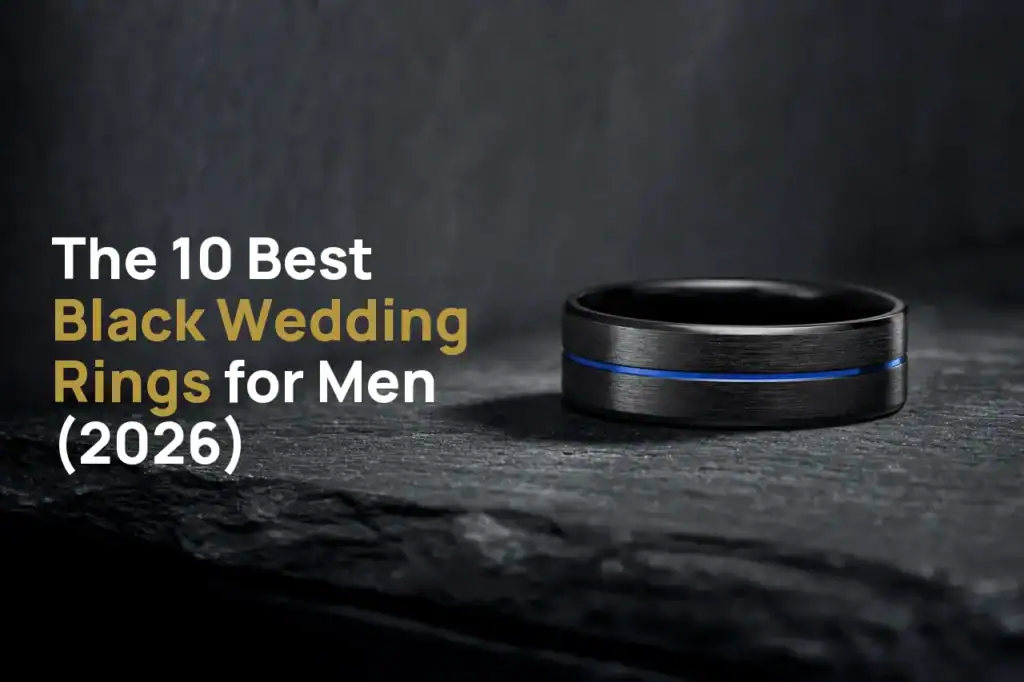 The Visionary brushed black tungsten ring with a blue groove on dark slate, beside the title The 10 Best Black Wedding Rings for Men (2026)