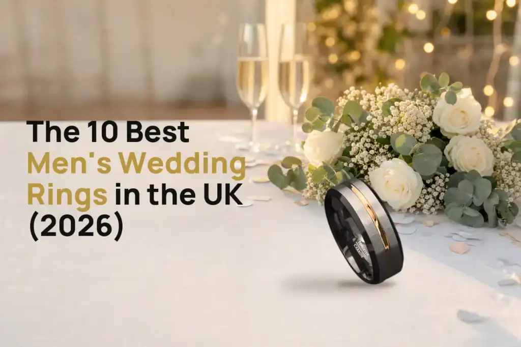 The Champion tungsten ring with a brushed silver-coloured face, rose-gold-coloured groove and black edges on a white wedding table beside a bouquet of white roses and two glasses of champagne, with the title The 10 Best Men's Wedding Rings in the UK (2026)