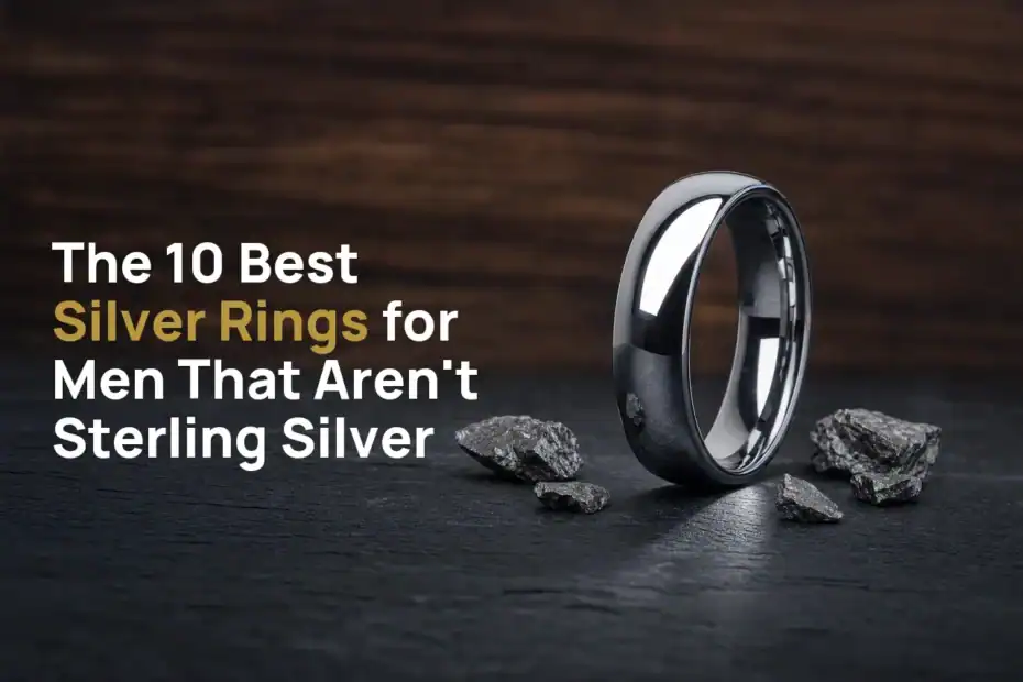 The Elie polished silver-coloured tungsten ring standing on dark slate beside flecks of raw tungsten, with the title The 10 Best Silver Rings for Men That Aren't Sterling Silver