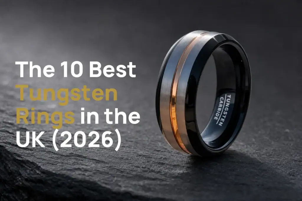 The Champion three-tone tungsten ring on dark slate beside the title The 10 Best Tungsten Rings in the UK (2026)