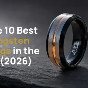 The Champion three-tone tungsten ring on dark slate beside the title The 10 Best Tungsten Rings in the UK (2026)