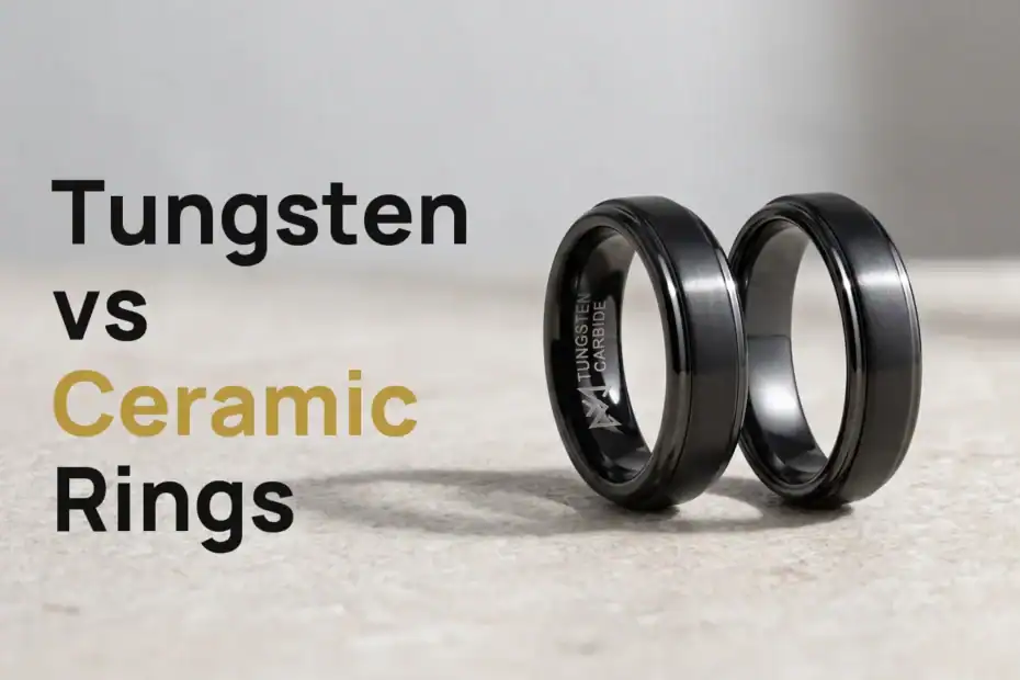 Tungsten vs ceramic rings: a black tungsten ring and its black ceramic twin standing side by side on stone