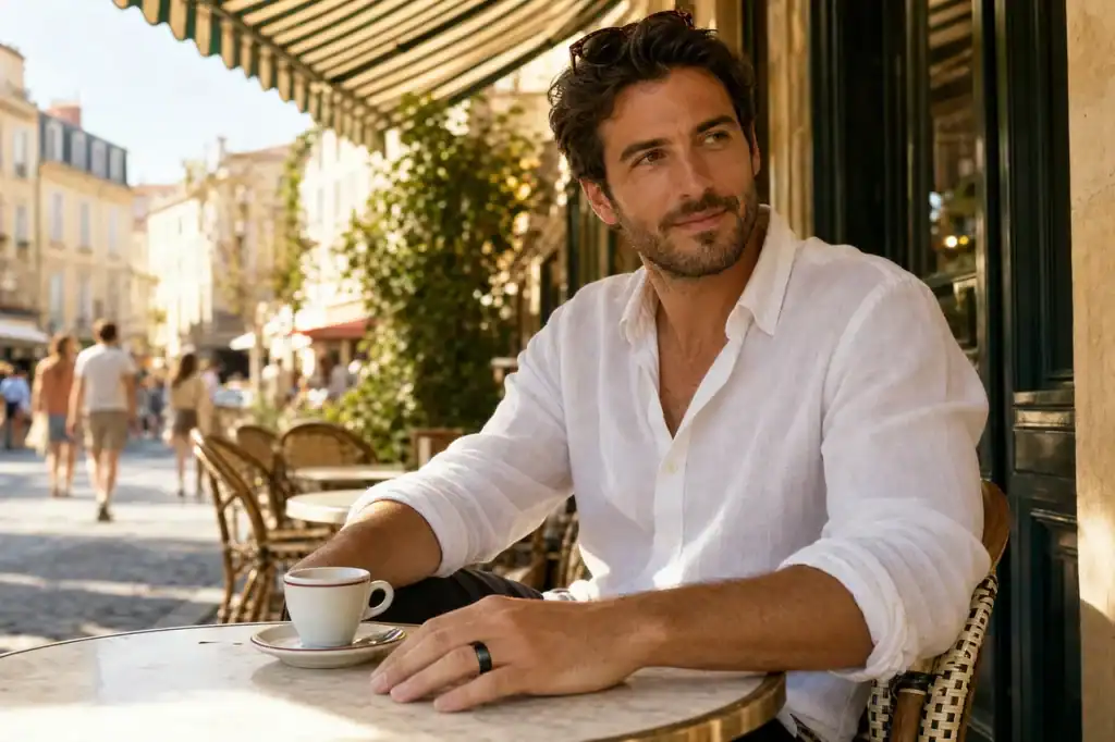 A well-dressed man at a pavement cafe table on a summer afternoon, his hand resting beside an espresso cup with a brushed black tungsten wedding ring on his ring finger