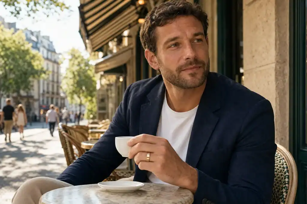 A well-dressed man at a pavement cafe table holding an espresso cup, with the King polished gold-coloured tungsten wedding ring on his ring finger