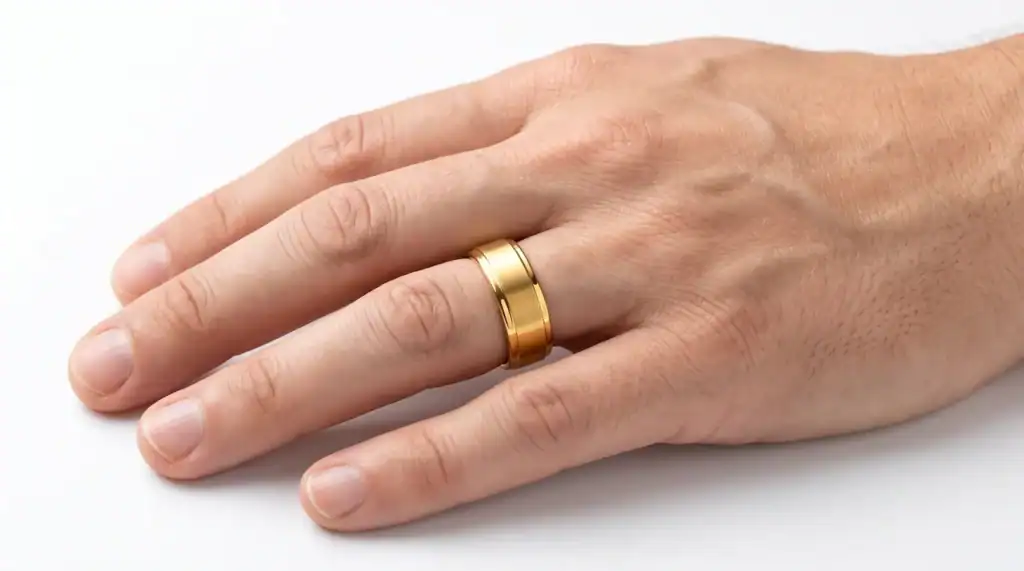 The Eloquent brushed gold-coloured tungsten ring with polished edges worn on the ring finger of a man's hand, photographed on white