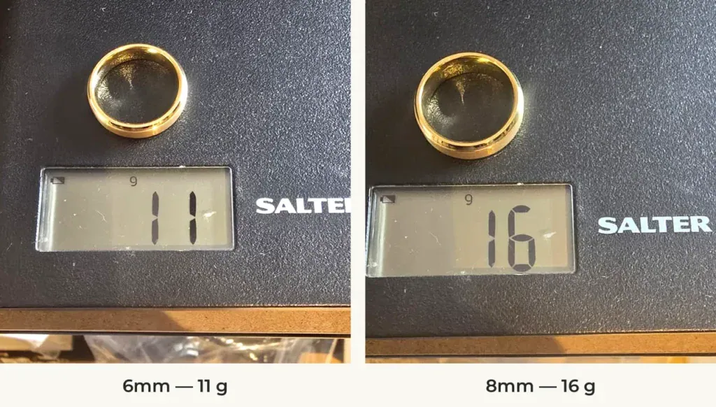 The Eloquent 6mm and 8mm gold-coloured tungsten rings on a Salter scale reading 11 g and 16 g