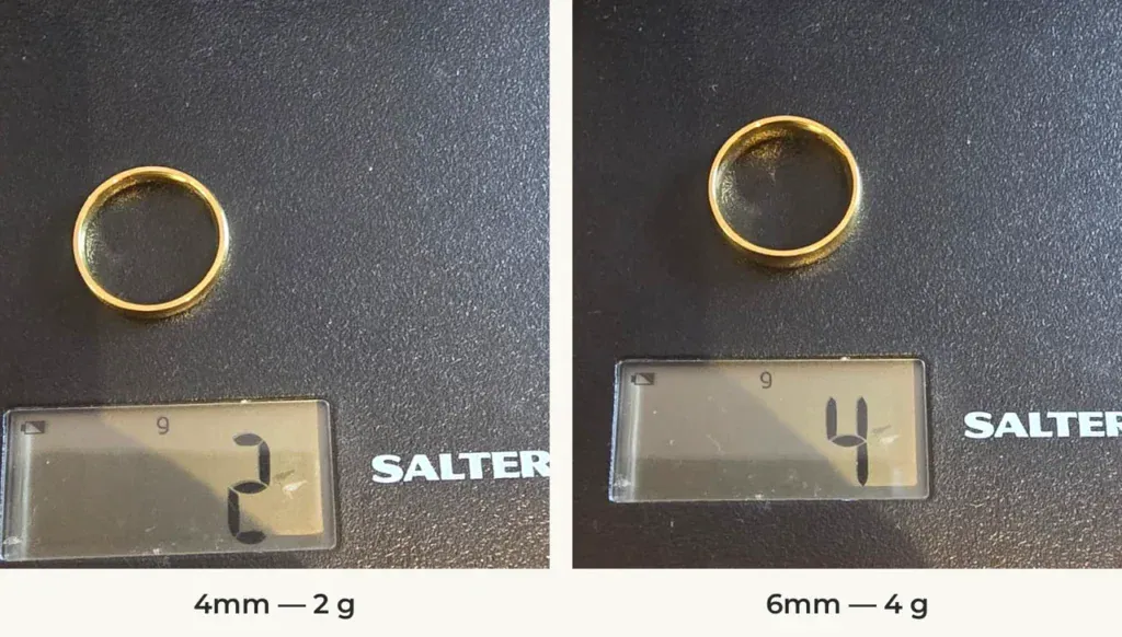 The Graceful 4mm and 6mm gold-coloured titanium rings on a Salter scale reading 2 g and 4 g