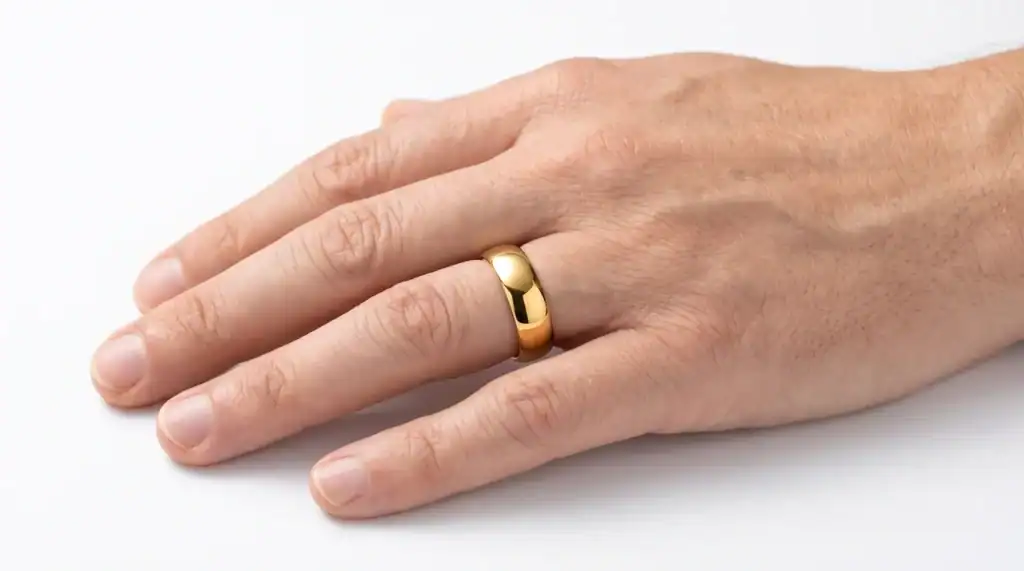 The King polished gold-coloured tungsten ring worn on the ring finger of a man's hand on a white studio surface