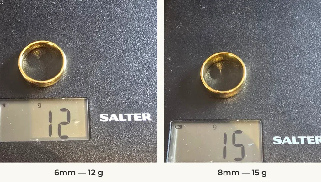 The King 6mm and 8mm gold-coloured tungsten rings on a Salter scale reading 12 g and 15 g