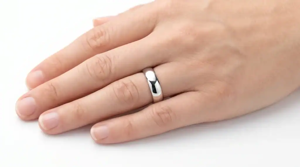 The Legacy polished white-gold-coloured tungsten ring worn on the ring finger of a man's hand on a white studio surface