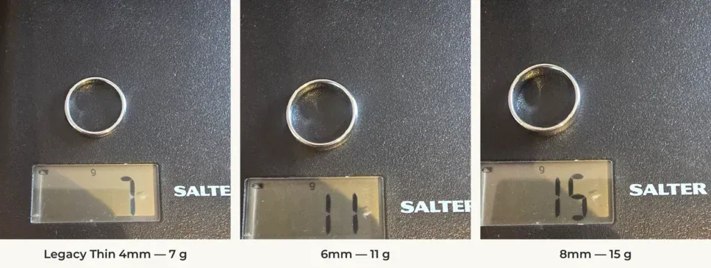 The Legacy Thin Style 4mm, Legacy 6mm and Legacy 8mm white-gold-coloured tungsten rings on a Salter scale reading 7 g, 11 g and 15 g