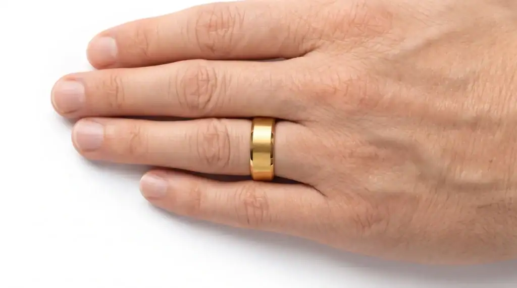 The Regent brushed gold-coloured tungsten ring with polished bevelled edges worn on the ring finger of a man's hand