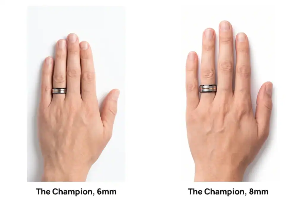 The Champion tungsten ring in 6mm and in 8mm, each worn on the ring finger of a left hand on a white studio surface, the 8mm visibly wider