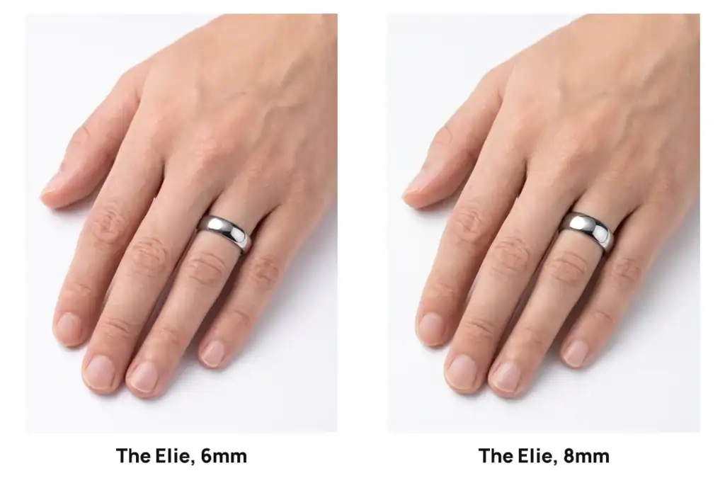 The Elie polished silver-coloured tungsten ring in 6mm and in 8mm, each worn on the ring finger of a left hand on a white studio surface, the 8mm visibly wider