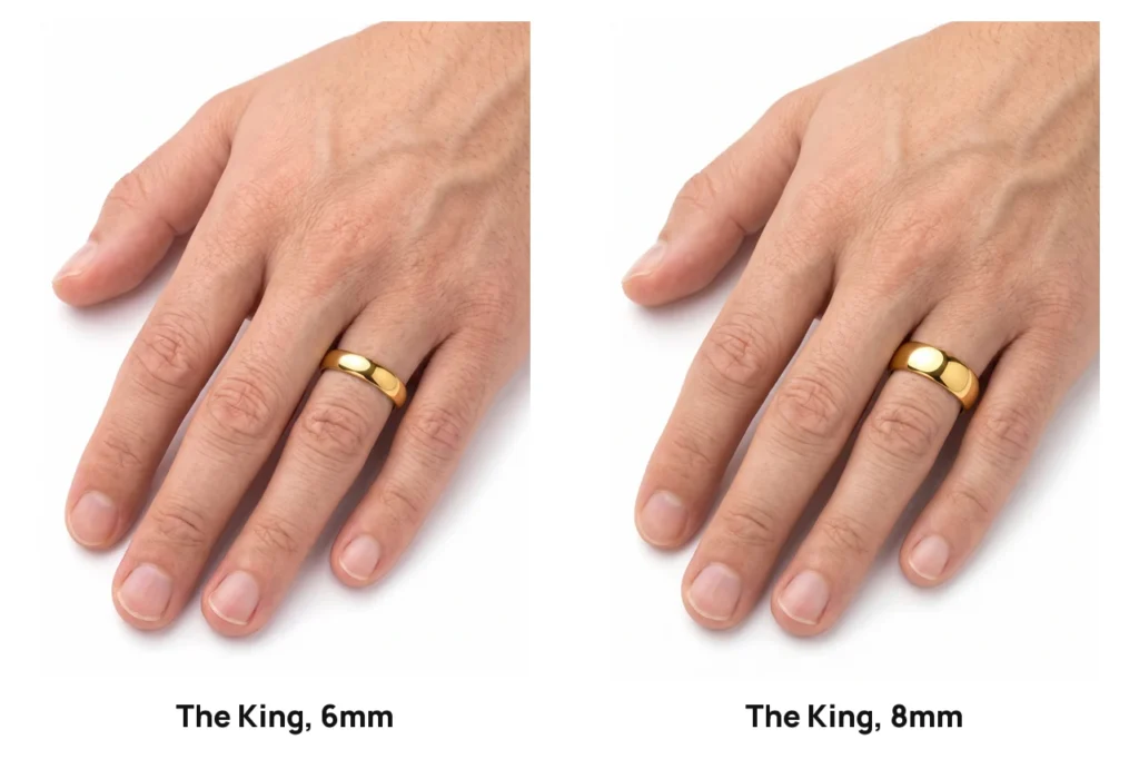 The King polished gold-coloured tungsten ring in 6mm and in 8mm, each worn on the ring finger of a left hand on a white studio surface, the 8mm visibly wider