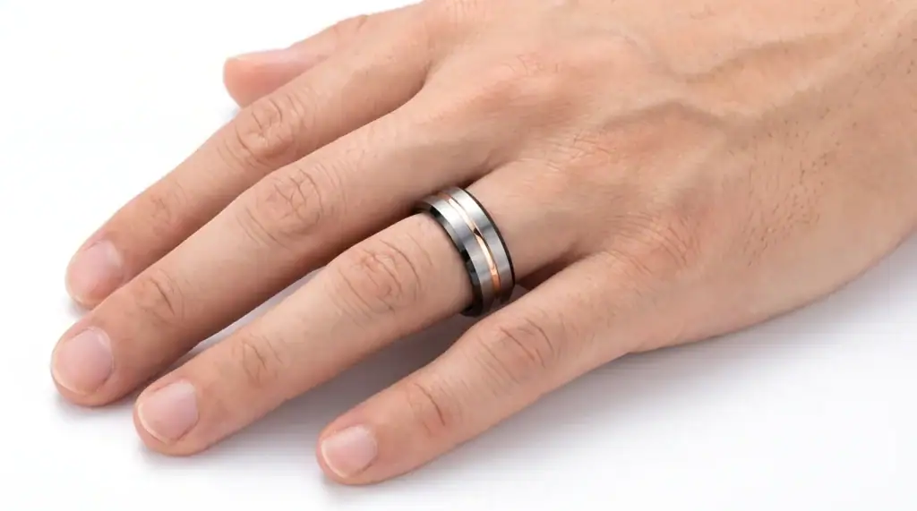 Champion silver tungsten ring from Newman Bands worn on a man's ring finger